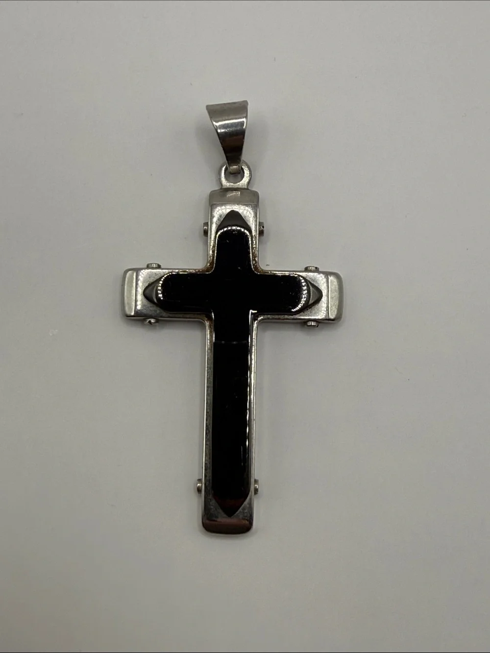 Vintage Stainless Steel Silver Black Onyx Cross Large Statement Pendant